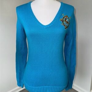 Ralph Lauren Blue V Neck Crest Logo Knit Sweater Women’s Medium